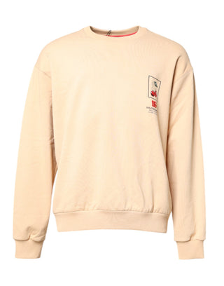Beigefarbener Pullover mit Kirschdruck und Rundhalsausschnitt