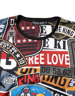 Mehrfarbiges Patchwork-Baumwoll-T-Shirt mit Rundhalsausschnitt
