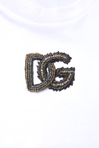 White Cotton DG Embroidery Crew Neck T-shirt