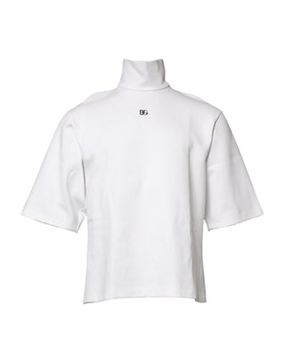 Camiseta de algodón blanca con cuello alto y aplique DG
