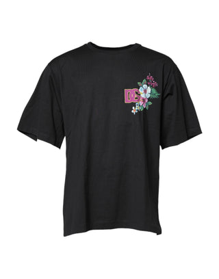 Camiseta negra con estampado floral DG y cuello redondo