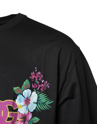 Camiseta negra con estampado floral DG y cuello redondo