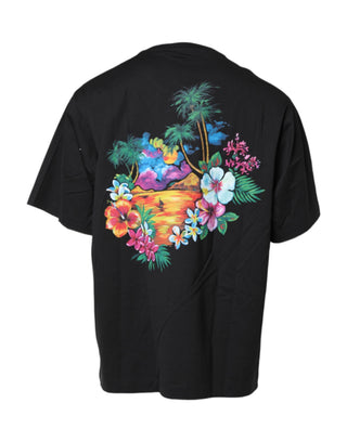 Camiseta negra con estampado floral DG y cuello redondo