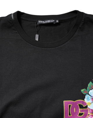 Camiseta negra con estampado floral DG y cuello redondo