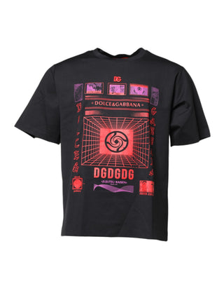 Black Cotton Graphic Print Crew Neck T-shirt