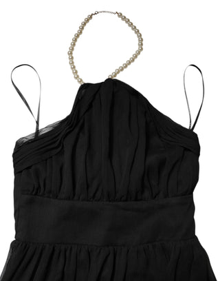 Black Tulle Pearl Sleeveless Long Gown Dress