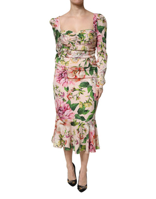 Vestido midi rosa de seda floral ajustado y con vuelo