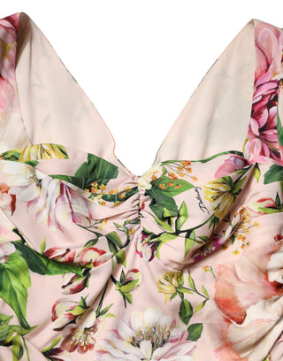 Vestido midi rosa de seda floral ajustado y con vuelo