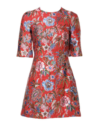 Vestido mini rojo de jacquard floral con corte en A