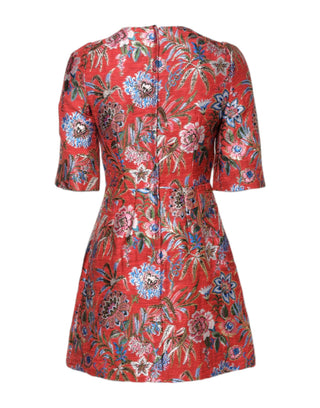 Vestido mini rojo de jacquard floral con corte en A