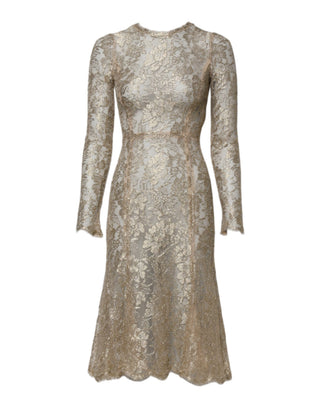 Gold Floral Lace Long Sleeves Fit & Flare Dress