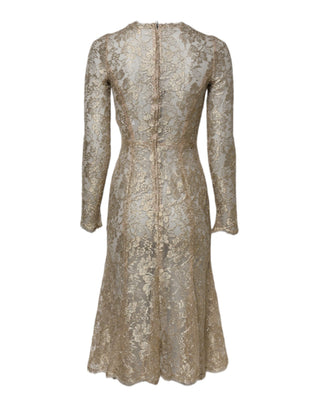 Gold Floral Lace Long Sleeves Fit & Flare Dress