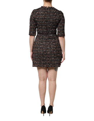 Vestido mini de tweed marrón con mangas cortas y corte en línea A