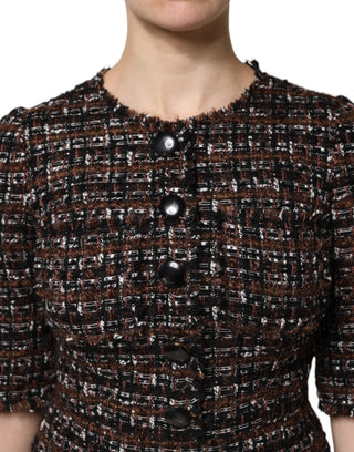 Vestido mini de tweed marrón con mangas cortas y corte en línea A