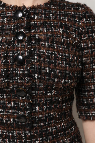 Vestido mini de tweed marrón con mangas cortas y corte en línea A