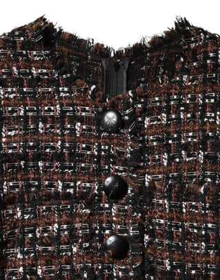 Vestido mini de tweed marrón con mangas cortas y corte en línea A