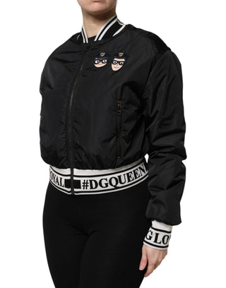 Schwarze Nylon-Bomberjacke mit durchgehendem Reißverschluss #DGFamily
