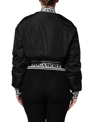Schwarze Nylon-Bomberjacke mit durchgehendem Reißverschluss #DGFamily