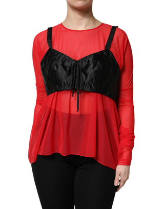 Rot-schwarzes Bustier-Oberteil mit langen Ärmeln