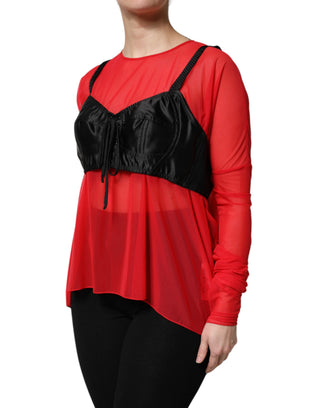 Rot-schwarzes Bustier-Oberteil mit langen Ärmeln