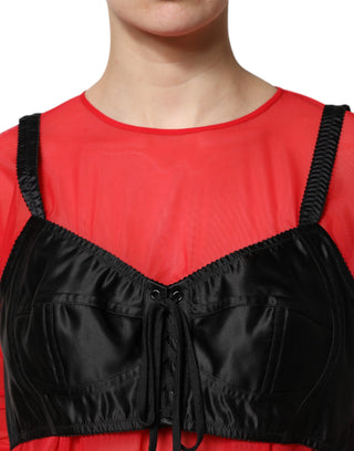 Rot-schwarzes Bustier-Oberteil mit langen Ärmeln