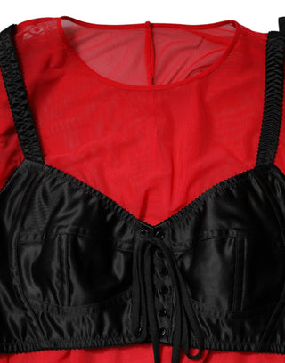 Rot-schwarzes Bustier-Oberteil mit langen Ärmeln