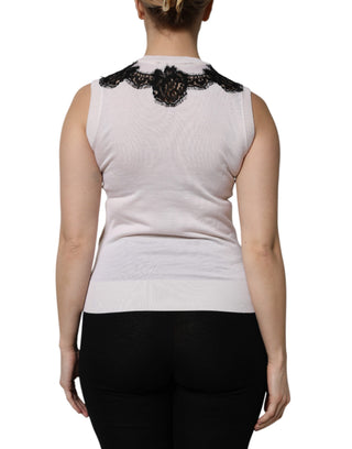 White Cashmere Floral Lace Detailing Tank Top