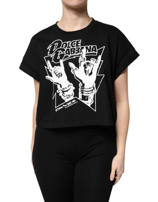 Camiseta negra de algodón con estampado y mangas cortas