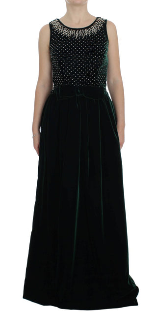 Vestido maxi largo de terciopelo verde con cristal