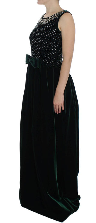 Vestido maxi largo de terciopelo verde con cristal