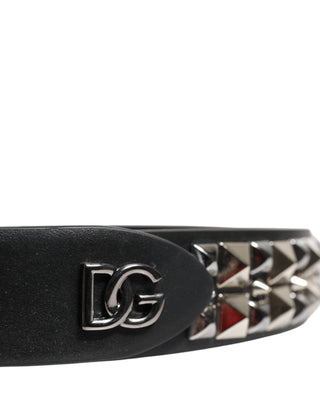 Black Calf Leather Studded Silver Buckle Belt