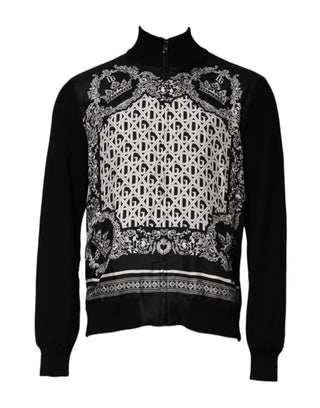 Suéter negro con cremallera completa y estampado de bandana blanca