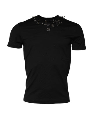 Camiseta negra con logo adornado y manga corta  