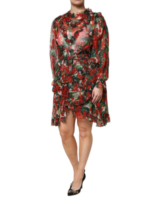 Vestido multicolor de manga larga con volantes y flores  