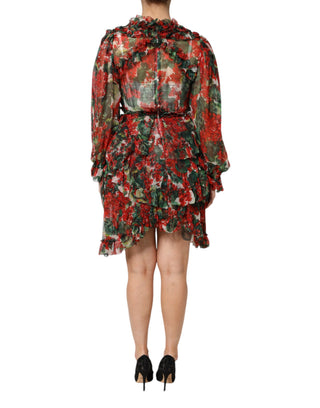 Vestido multicolor de manga larga con volantes y flores  