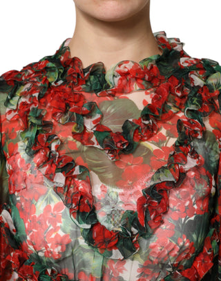 Vestido multicolor de manga larga con volantes y flores  