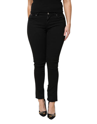 Jeans pitillo de mezclilla negra de algodón con logo y cintura media  