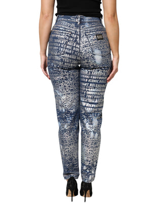 Jeans de mezclilla azul lavado con estampado y cintura alta  
