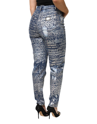 Jeans de mezclilla azul lavado con estampado y cintura alta  