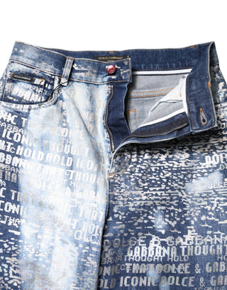 Jeans de mezclilla azul lavado con estampado y cintura alta  