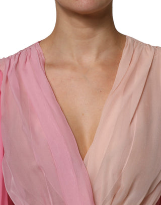 Pink Plunging V-neck Long Sleeves Blouse Top