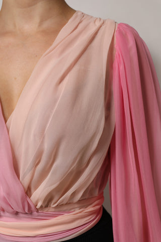Pink Plunging V-neck Long Sleeves Blouse Top