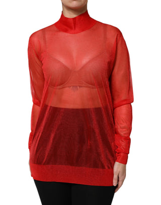 Blusa roja de tul con cuello alto y manga larga  