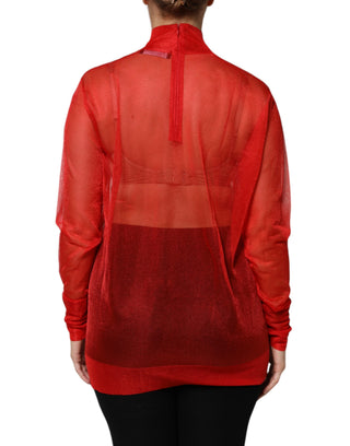 Blusa roja de tul con cuello alto y manga larga  
