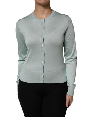 Hellgrüne Seidenstrickjacke mit Knopfleiste