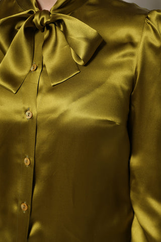 Green Ascot Collar Long Sleeves Blouse Top