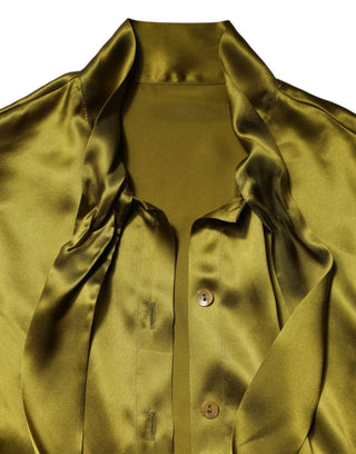 Green Ascot Collar Long Sleeves Blouse Top