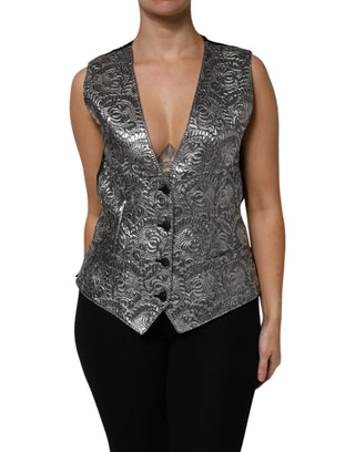 Top chaleco sin mangas de jacquard floral plateado