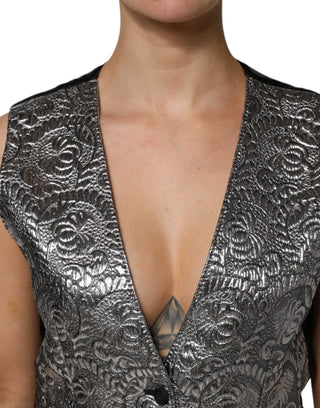 Top chaleco sin mangas de jacquard floral plateado