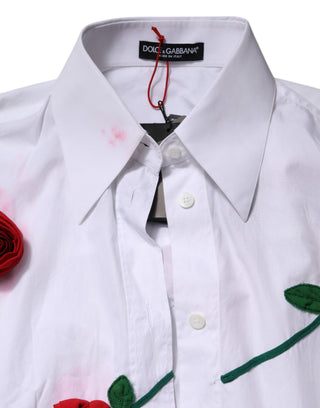 White Cotton Floral Appliques Dress Shirt Top